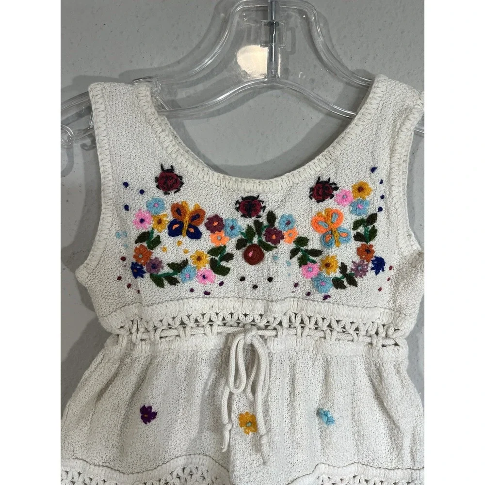 Peruvian Embroidered Dress Baby 12M White Floral Sleeveless Folk Cottagecore
